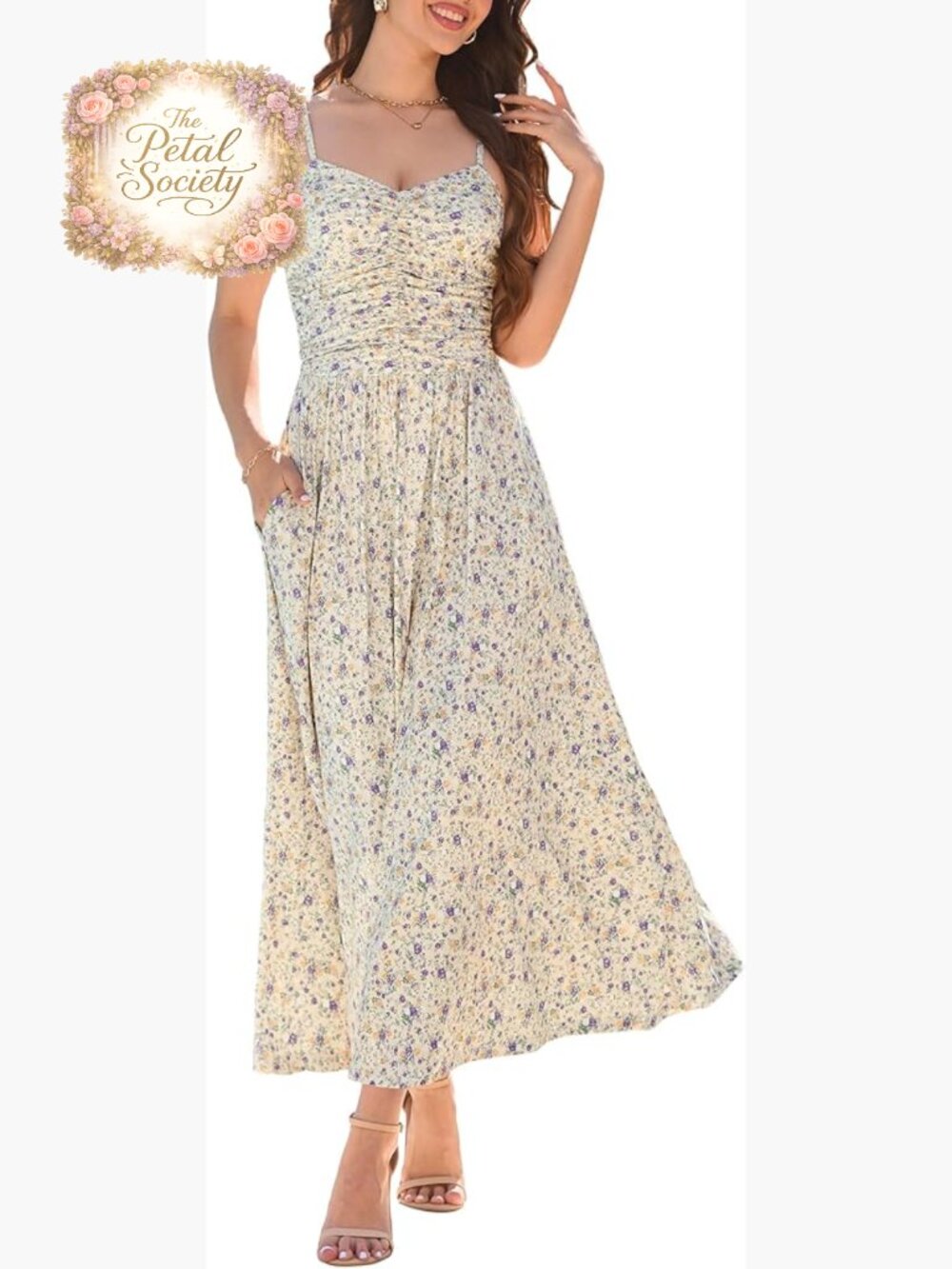 Ruched Maxi Dress Adjustable Spaghetti Strap Floral Beach Sundress with Pockets